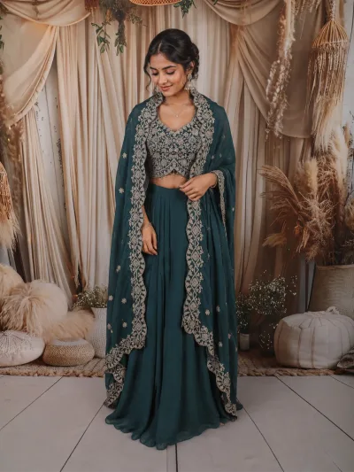 Deep Teal Green Floral Zari Embroidered Design Satin Skirt and Top with Over Coat
